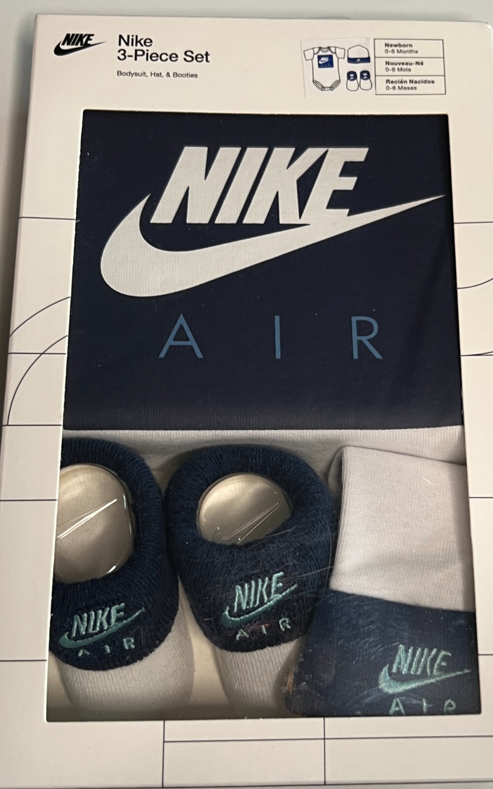 NIKE Air Baby 3 Pc Box Set Bodysuit Beanie Booties 0-6 Month Colors Choices NEW