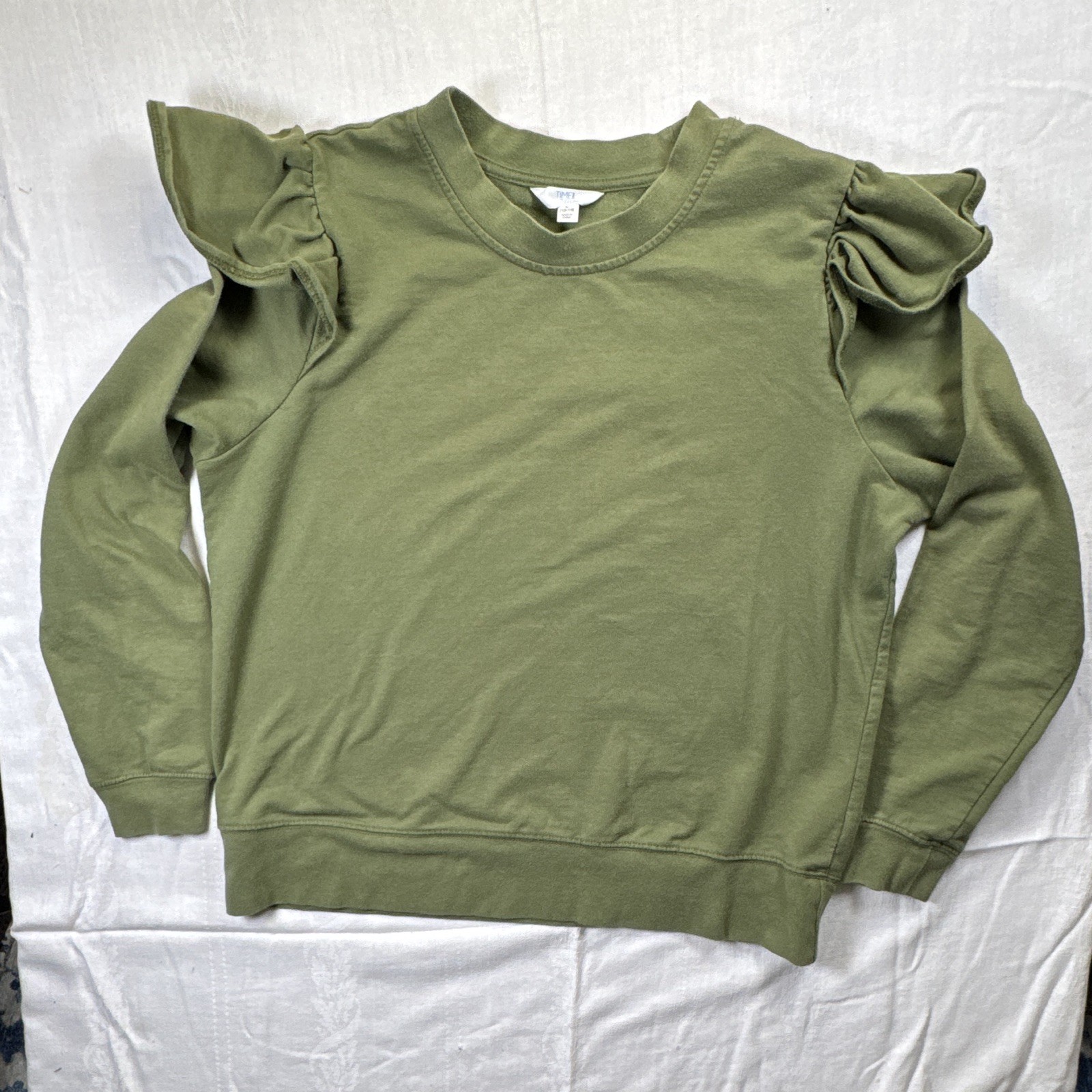 Time and Tru Girls Green Ruffle Shoulder Crew Neck Pullover Sweatshirt L 12-14