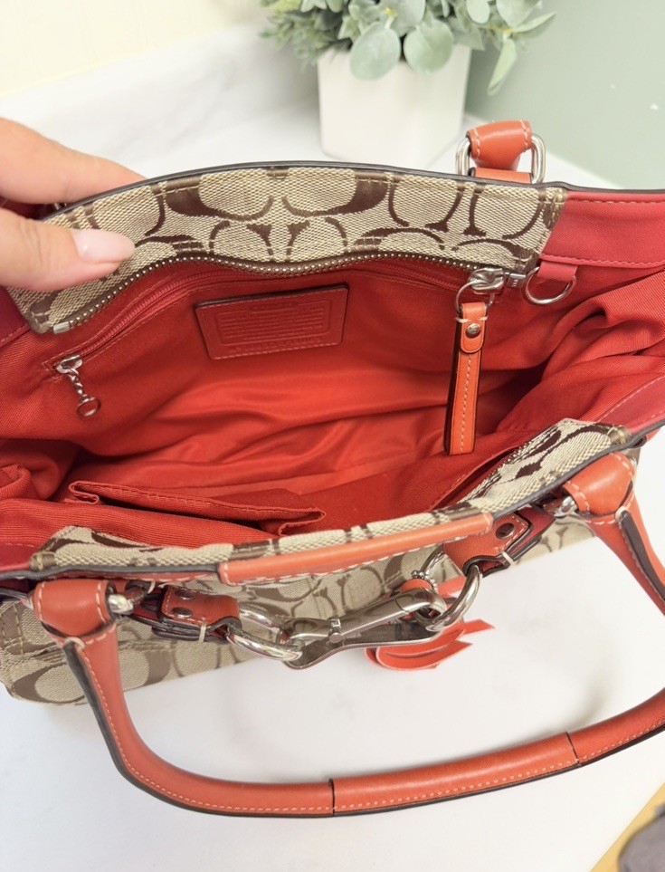 Coach Signature Logo Satchel/Top Handle Bag Beige/Brown/Orange Lining