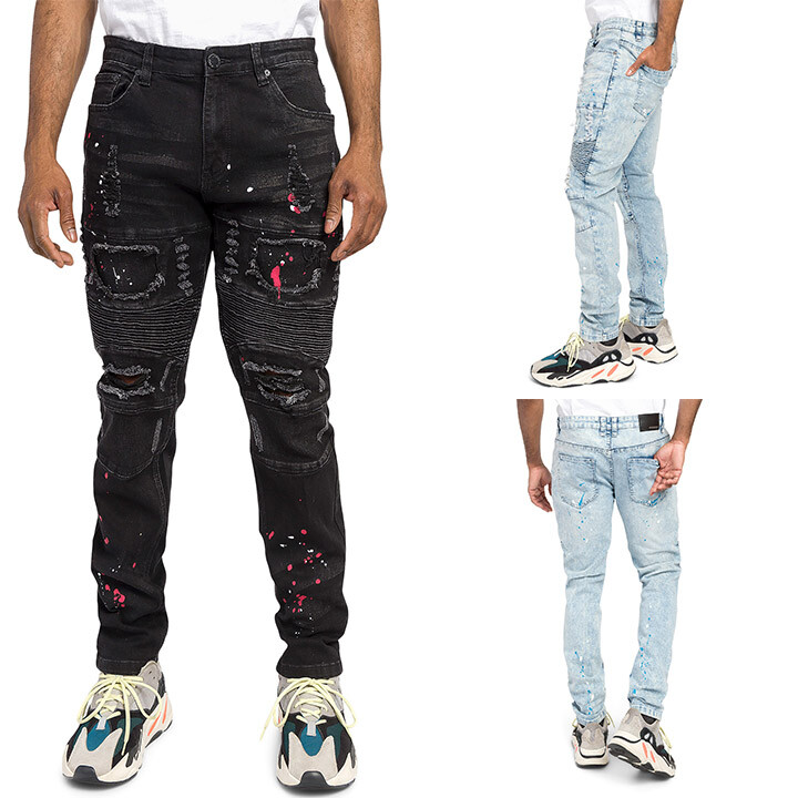 Victorious Men’s Casual Stacked Distressed Paint Splatter Biker Jeans DL1418