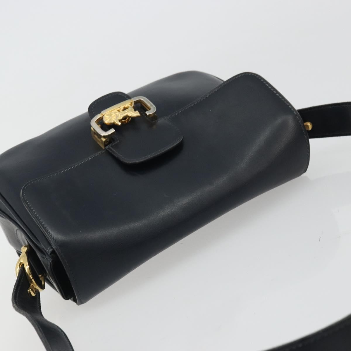 CELINE Horse Carriage Shoulder Bag Leather Navy Gold Auth YKZ1109