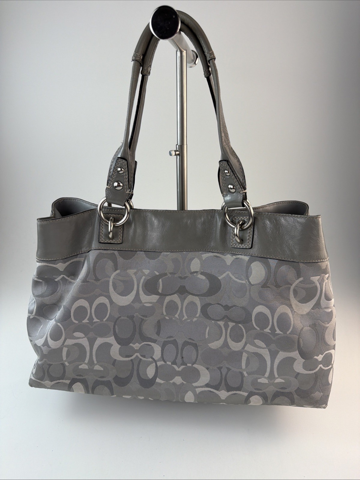 Coach Penelope Signature F15122 Jacquard/Patent Leather Silver Gray Tote