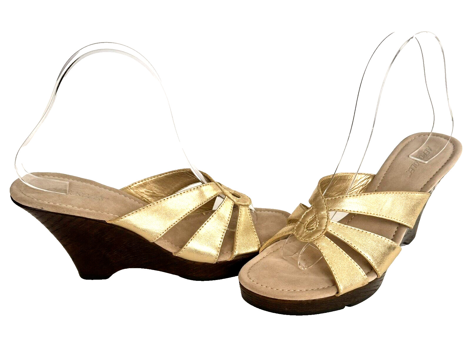 Gold Leather Aerosoles 9M Platform Wedge Comfort Sandals Slides NWOT