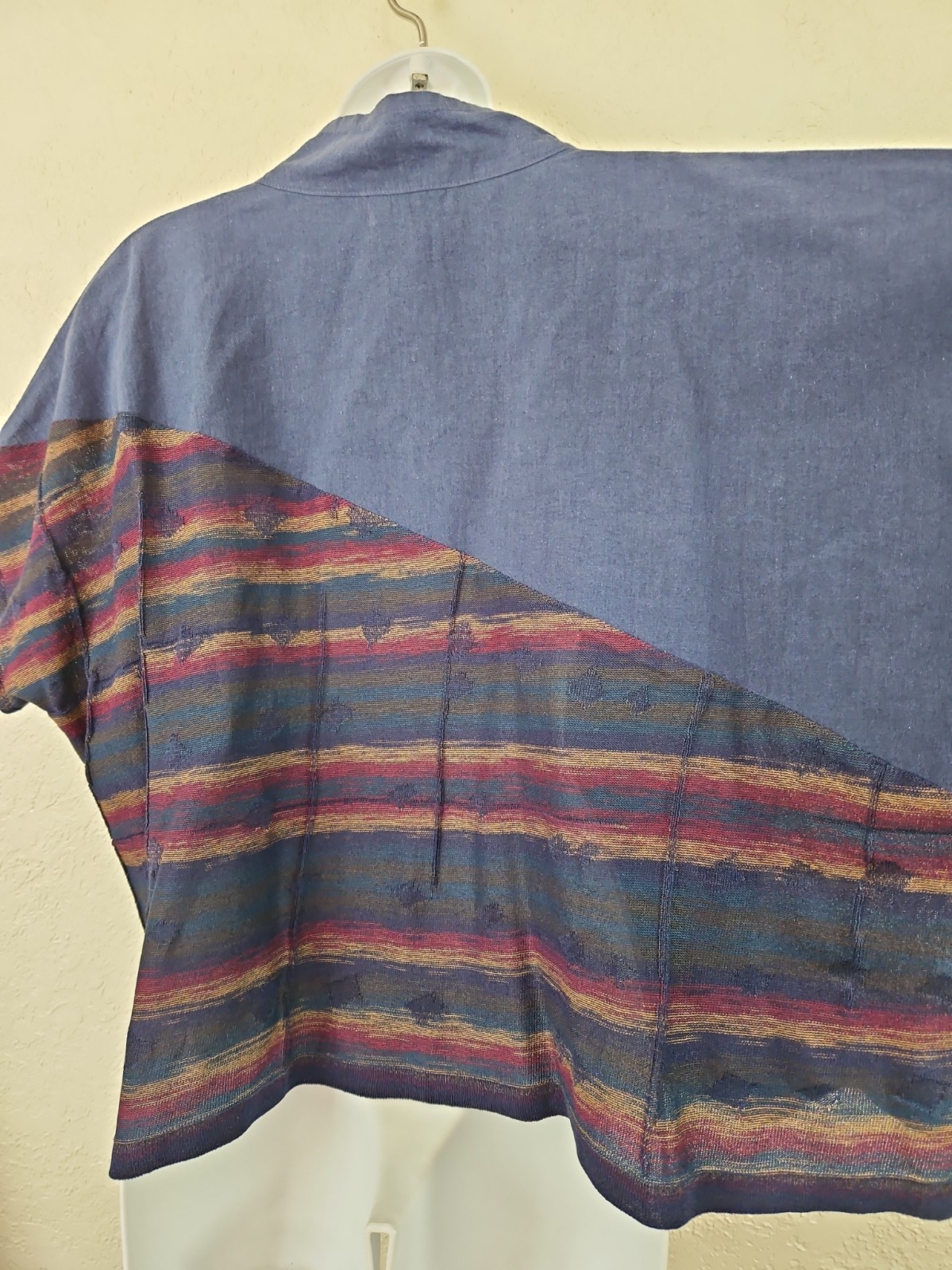 FUGA FUGA O/S Blue/Multi Linen Blend Mixed Media Boxy Cropped Top Mesh