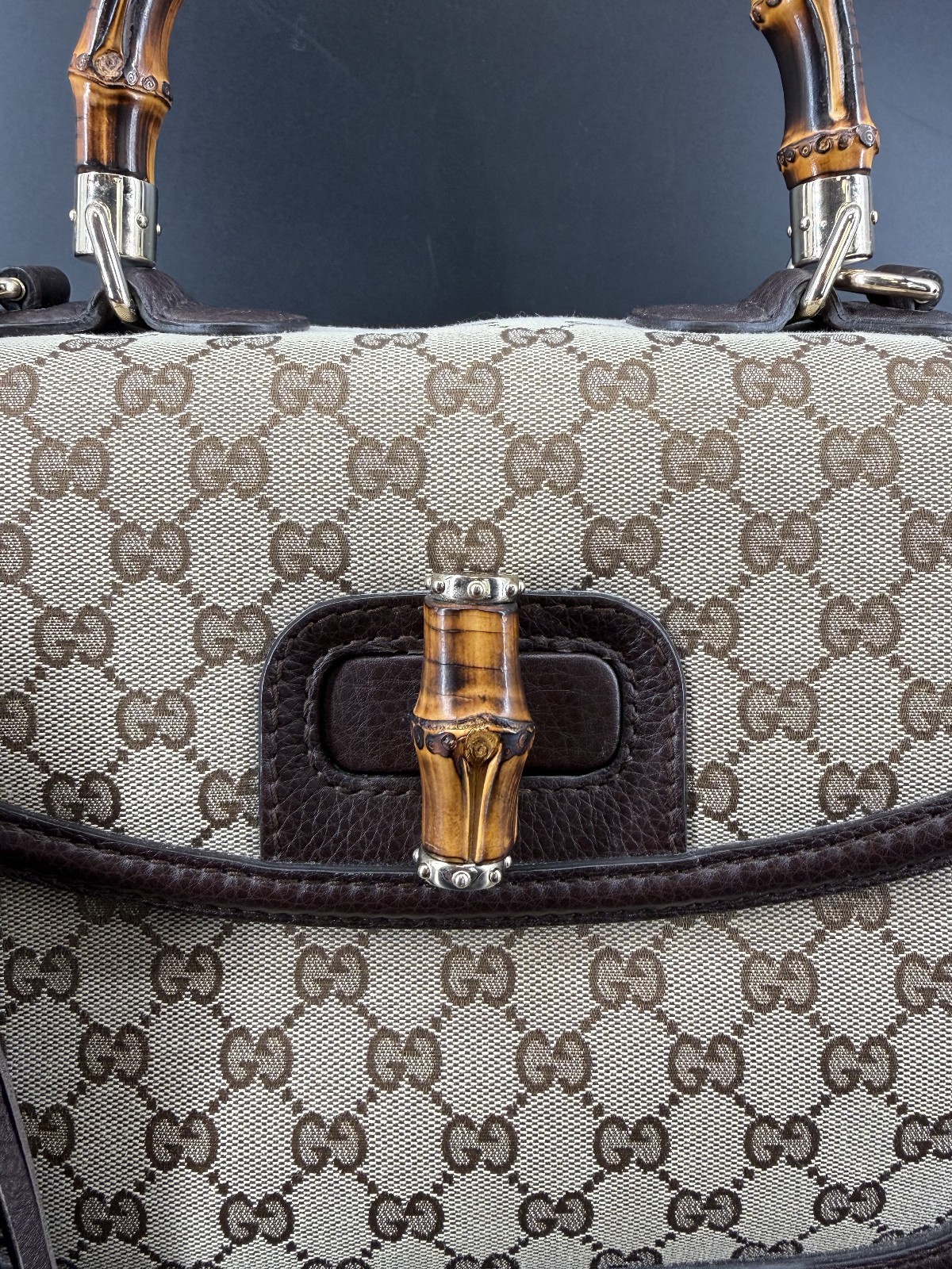 Gucci Beige/Ebony GG Canvas and Leather Large New Bamboo Top Handle Bag