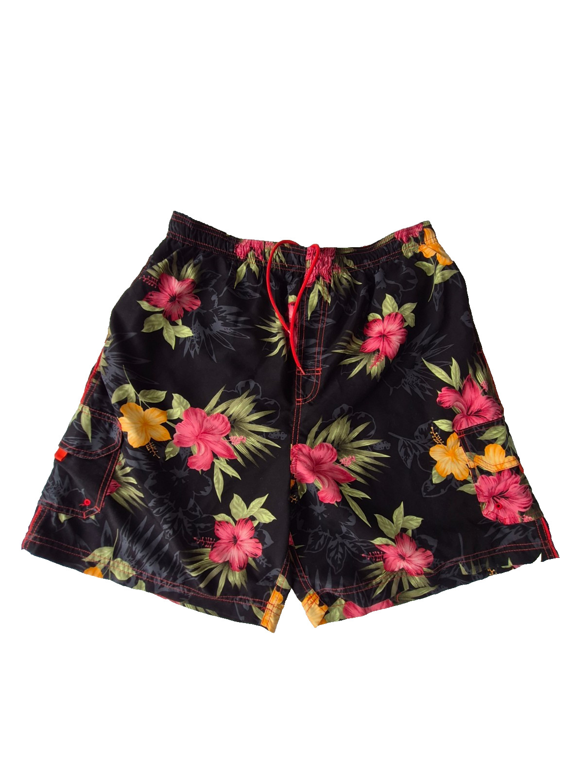 Sand N Sun Tropical Floral Swim Trunks Mens Size M Black Hawaiian Board Shorts