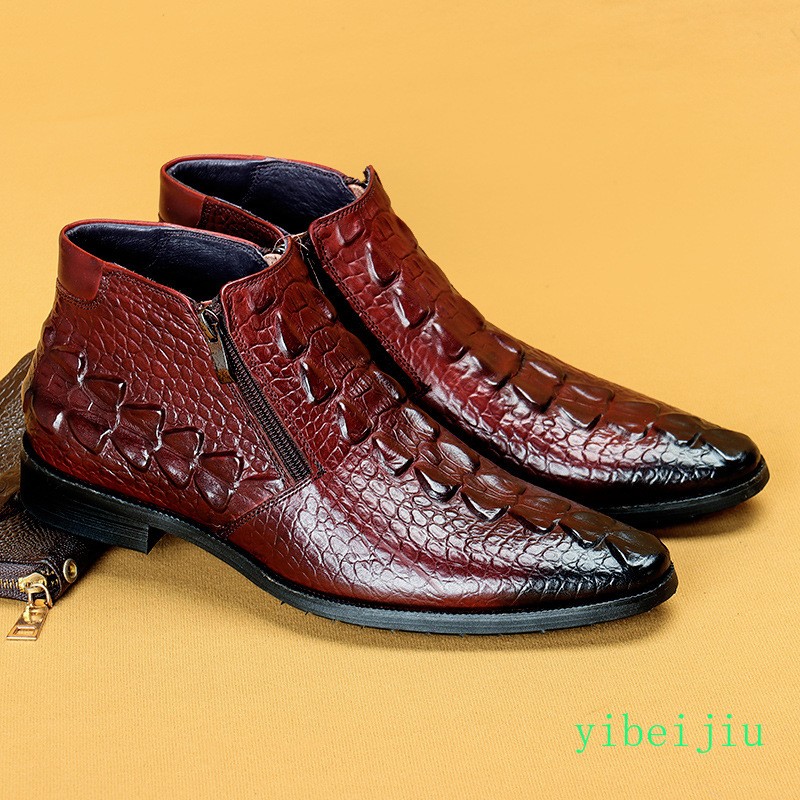 Mens 100% Genuine Leather Short Boots Crocodile Alligator Pattern Embossed Shoes