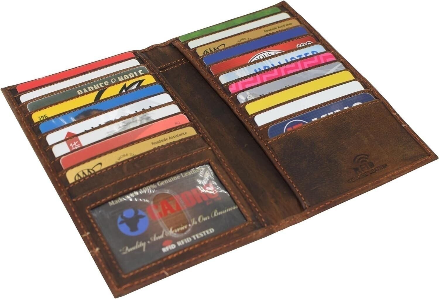 CAZORO Bifold Long Wallet RFID Blocking Genuine Vintage Leather for Men