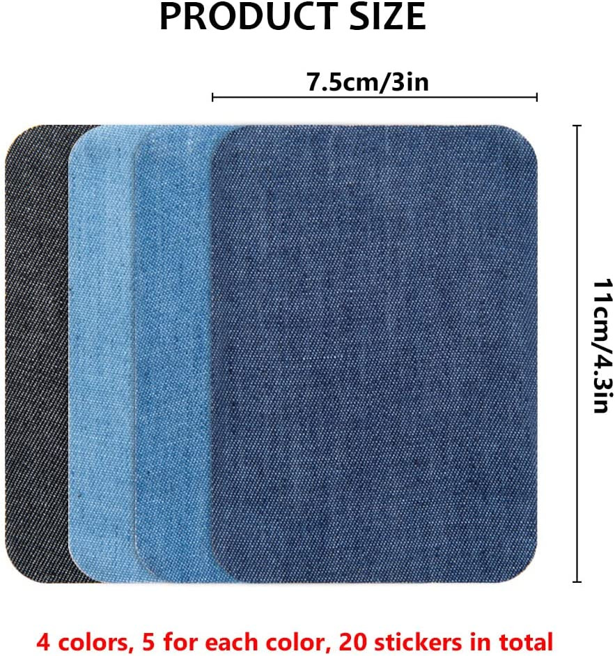 20 Premium Iron-On Denim Patches for Jeans Repair, 4 Shades of Blue (4.3 X 2.9″)