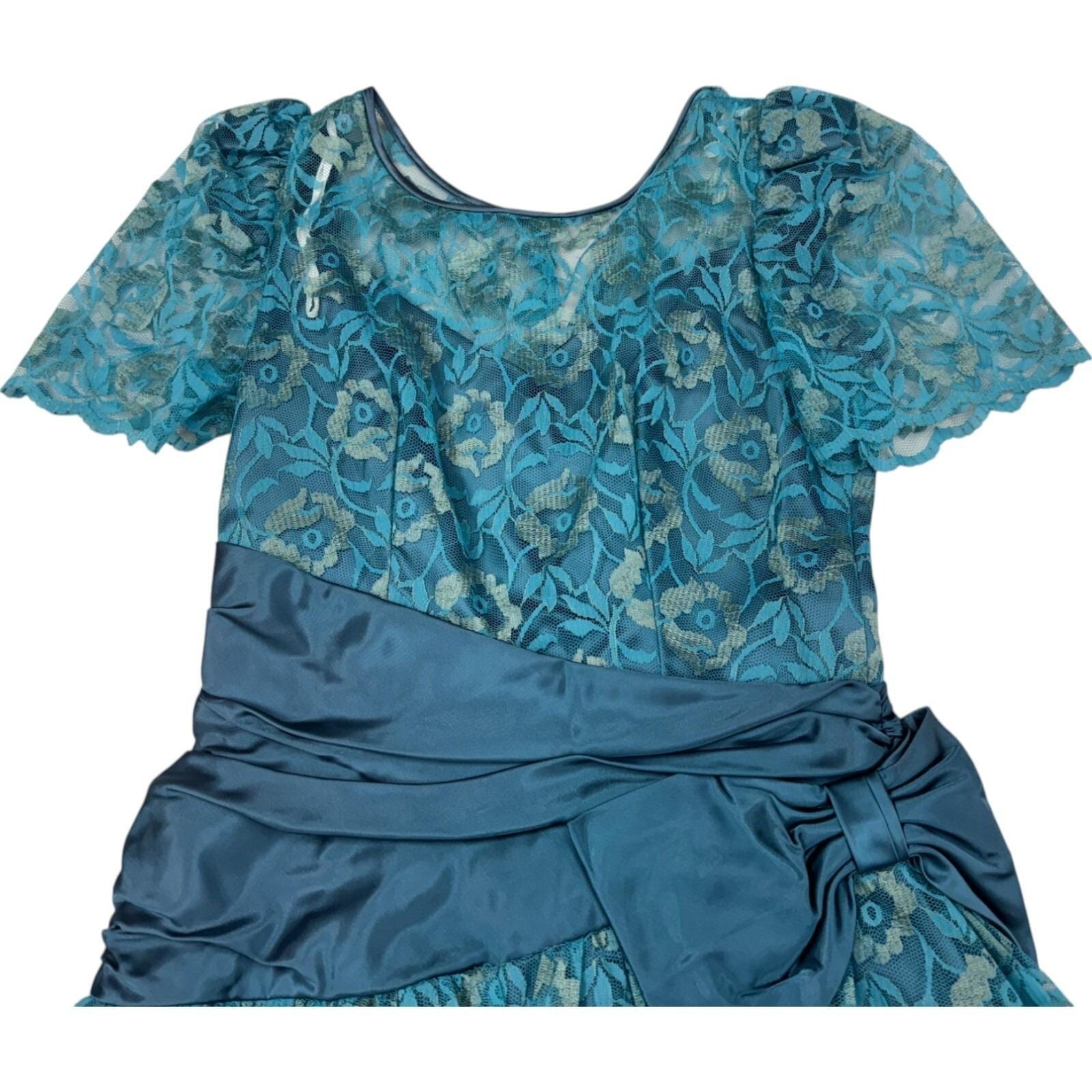 Vitnage 70s Teal Floral Lace Short Sleeve Midi Formal Prom Dress Sz 11/12