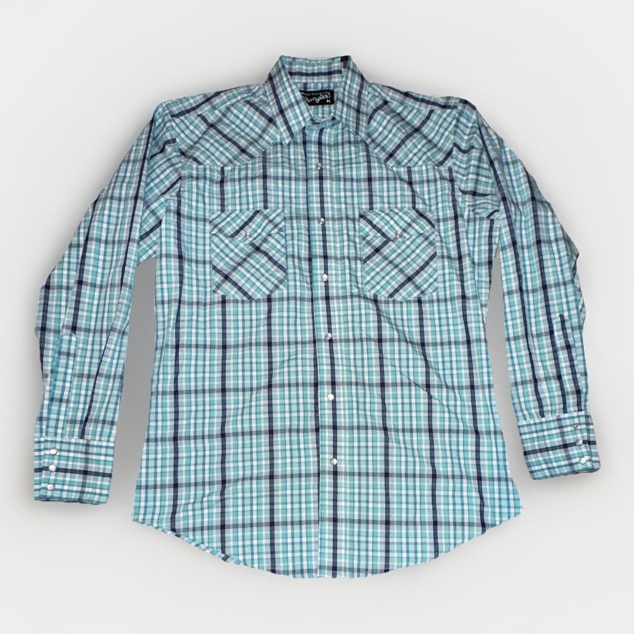 Wrangler Authentic Western Men’s M Blue White Plaid Woven Pearl Snap Shirt