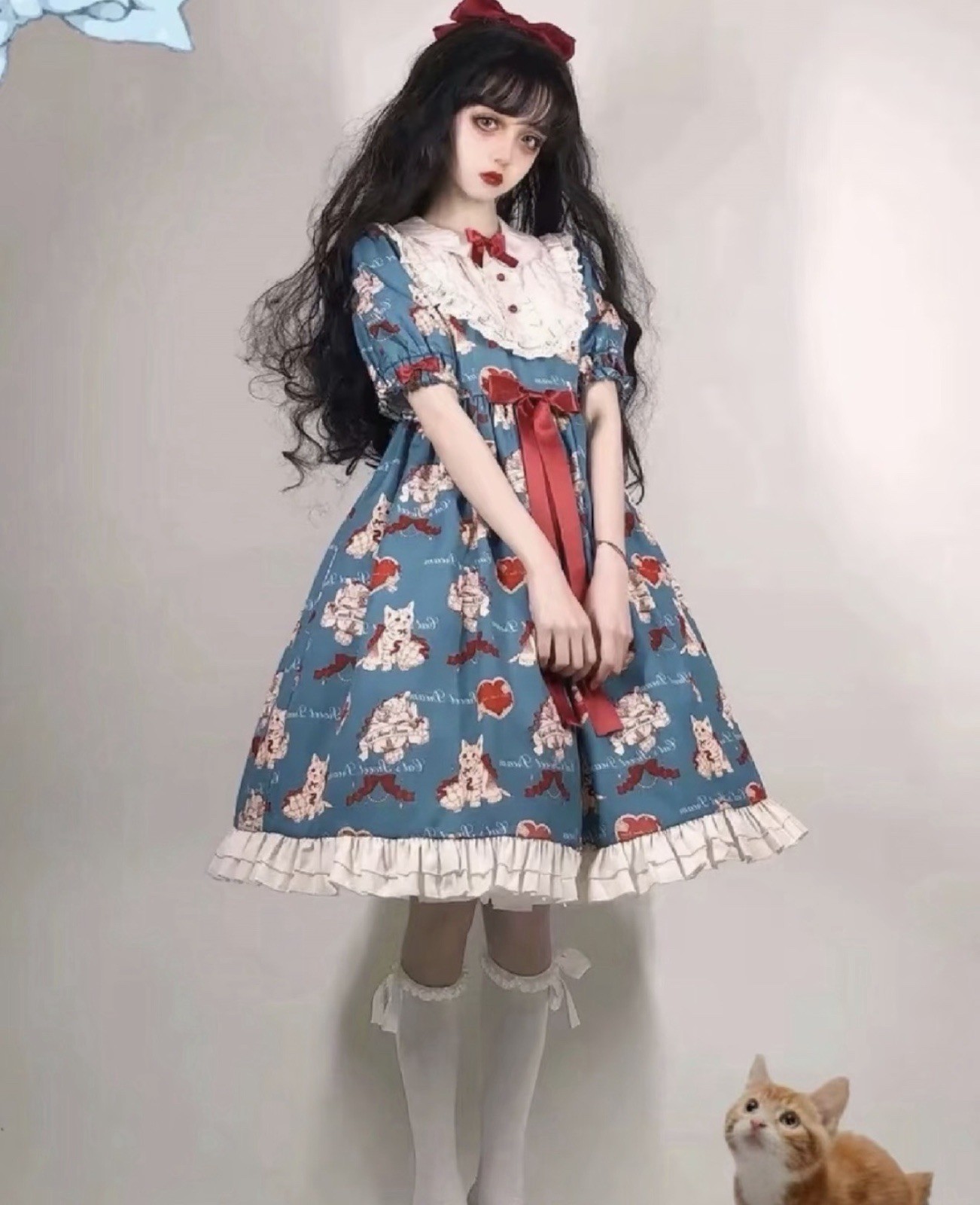 Women Blue Cat Print Lolita A-Line Knee Dress Puff Sleeve Bow +KC