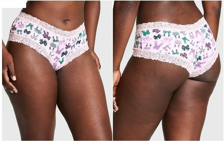 PINK Victoria Secret Cotton Ribbed Cheeky Panty S M L XL Lace Trim Bows Pink