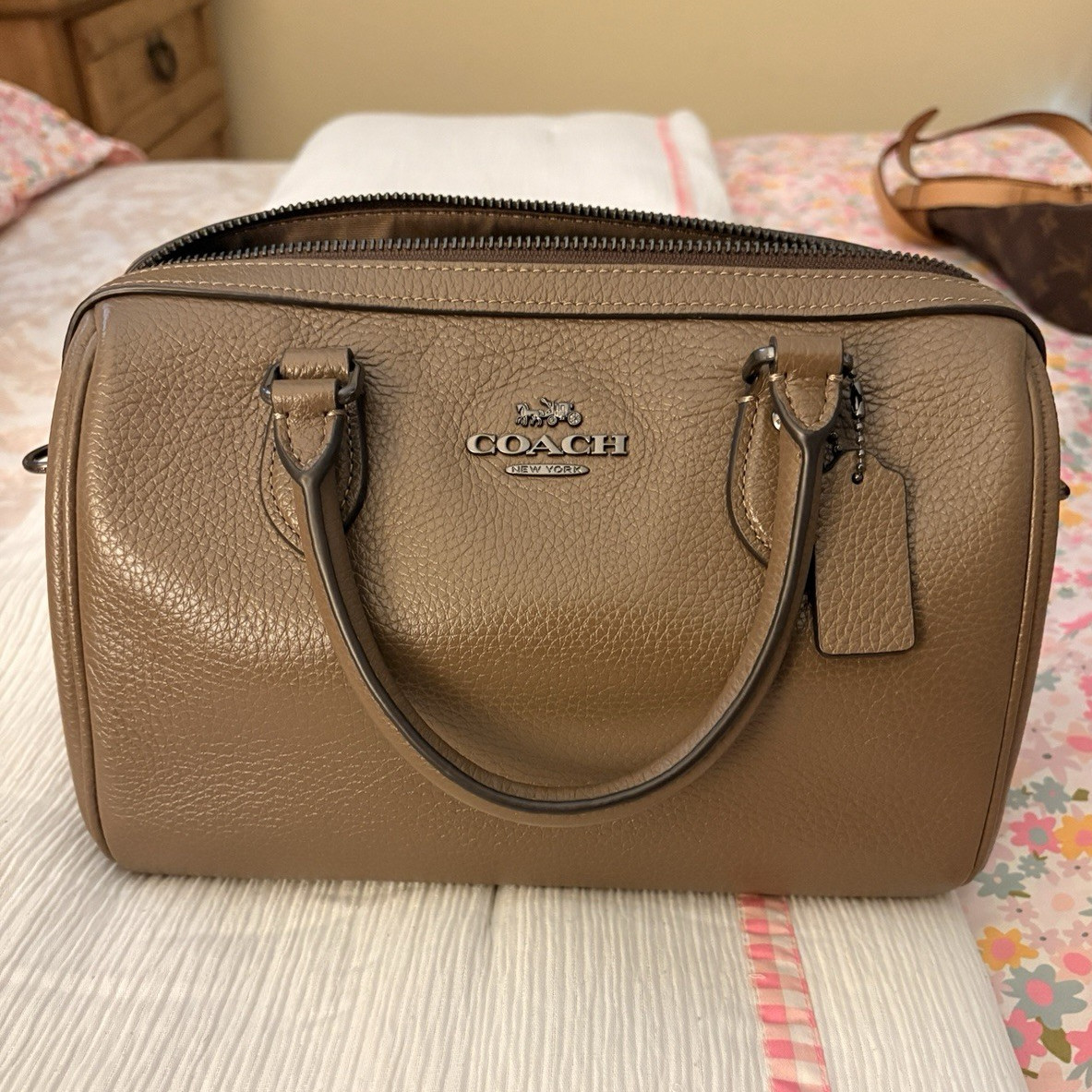 Coach Brown Pebbled Satchel Top Handle Zip, Silver Hardware, Bag Charm