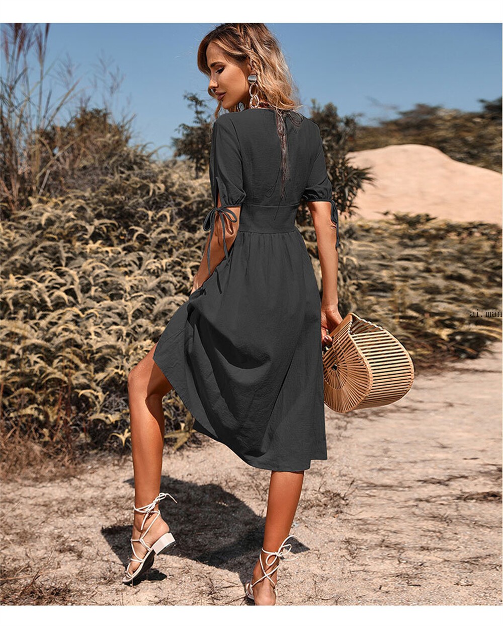 Women Summer Midi Dress Casual V Neck Short Sleeve Flowy Solid Color Dress