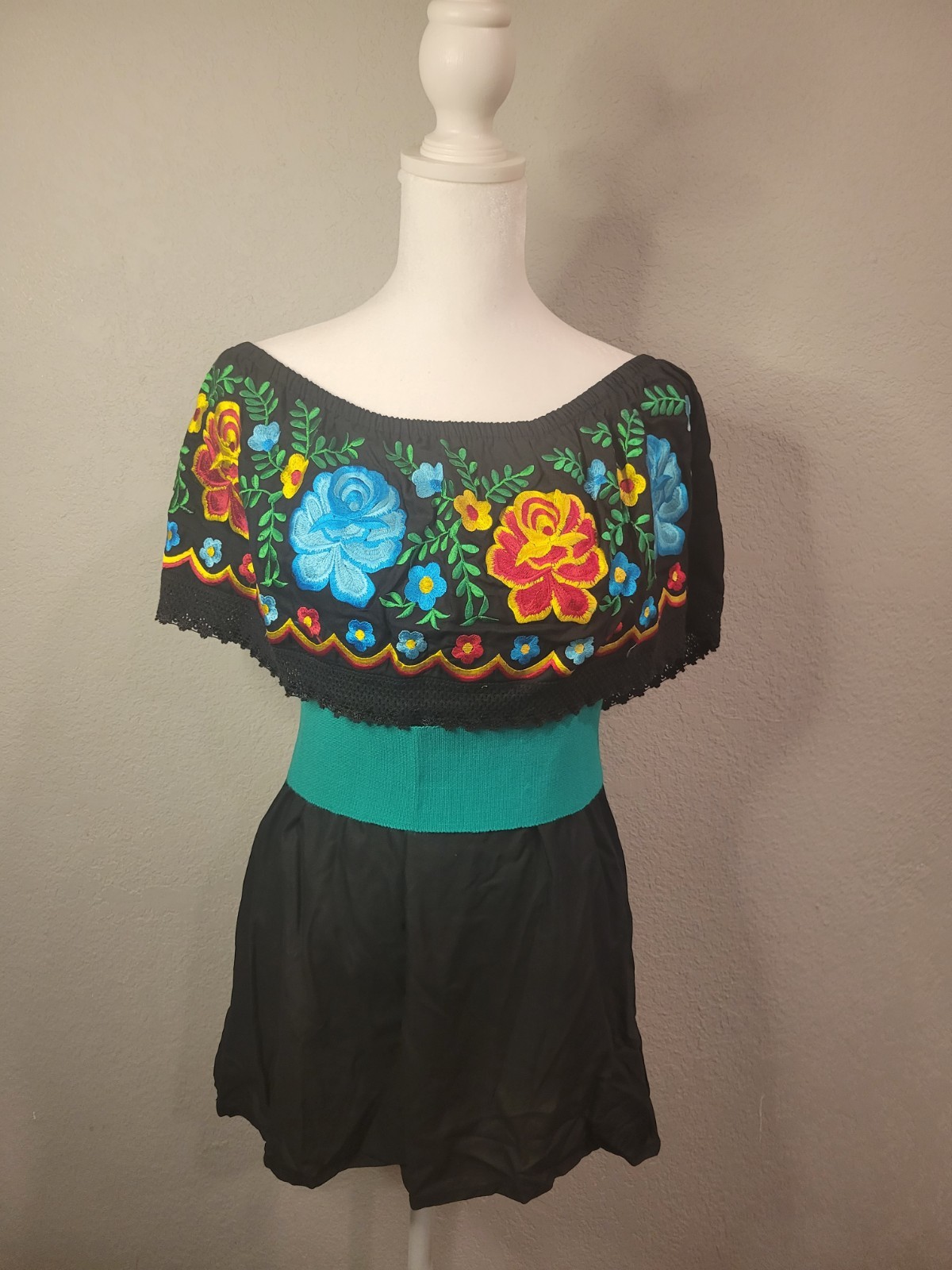 Women’s Black Off Shoulder Cotton, Floral Embroidered Mexican Shirt