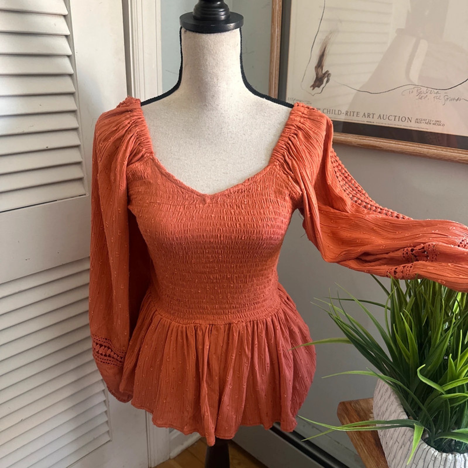 Vintage Nostalgia Top Medium Rust Orange Smocked MilkmaidRetro Y2K Boho