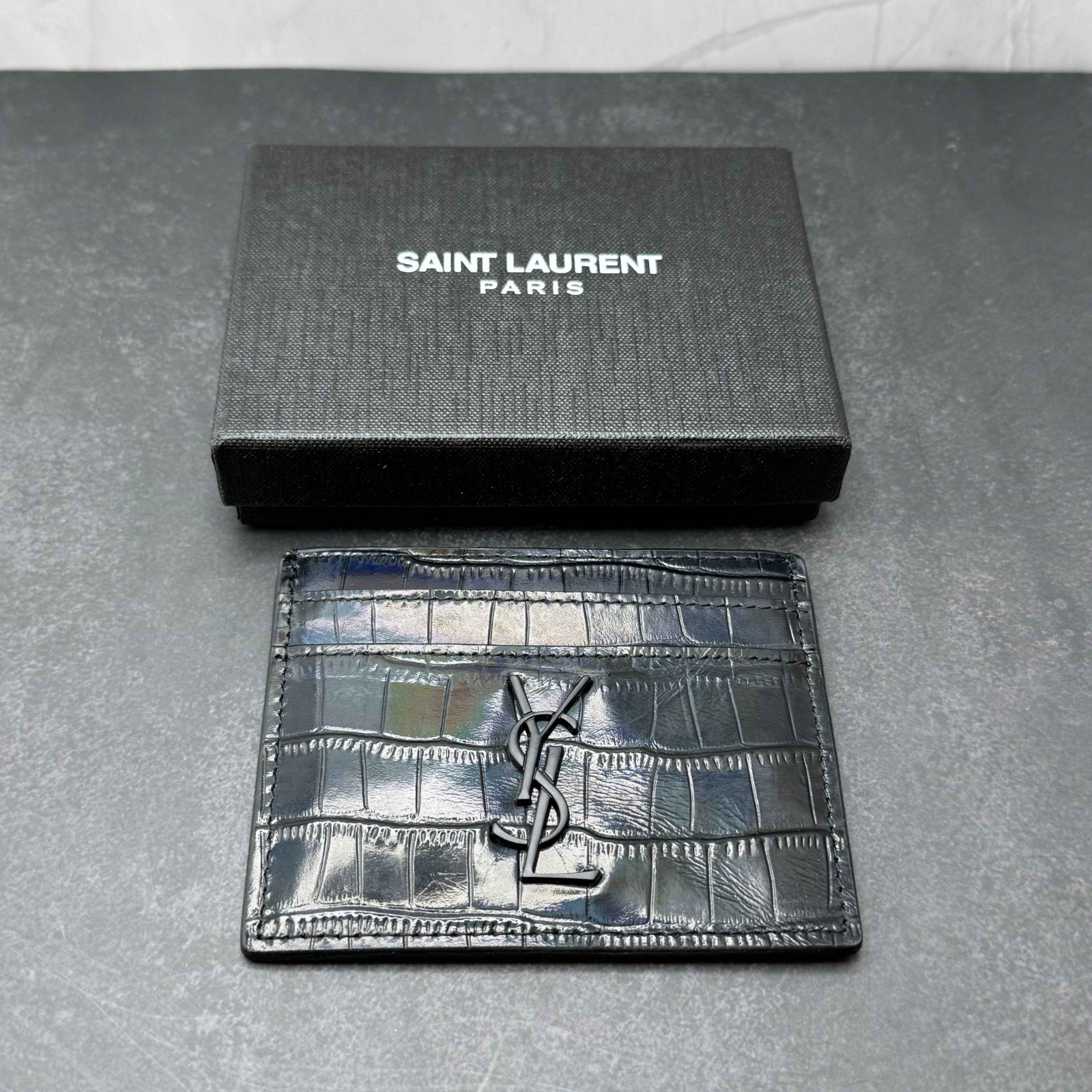 Saint Laurent Cassandre Card Case Glossy Black Croc Embossed Leather Logo