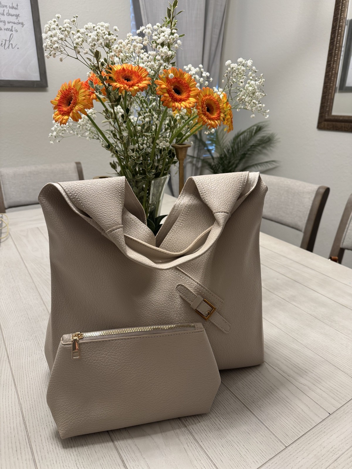 Neutral Taupe Tote Bag with Matching Pouch