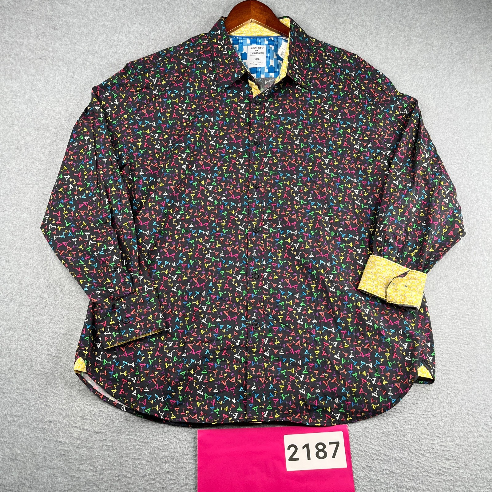 Society Of Threads Colorful Martini Glass Print Shirt Button Up Long Sleeve New