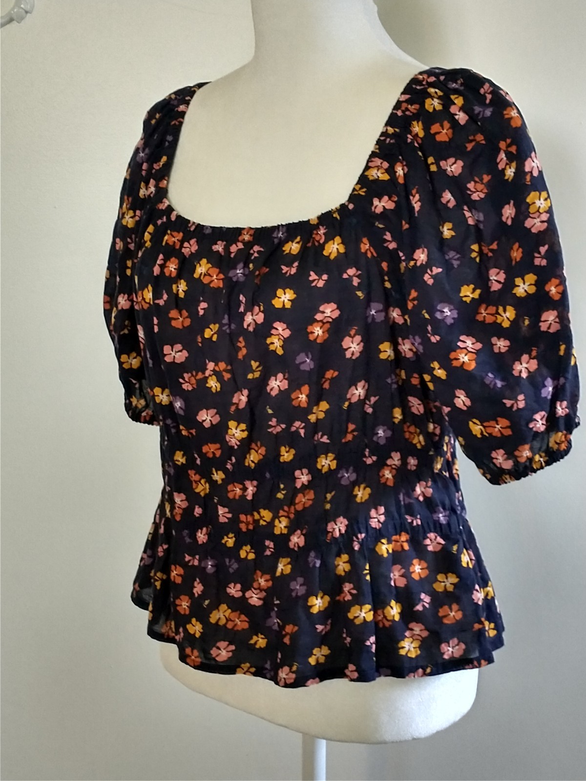Madewell Navy Blue Floral Boho Peplum Puff Sleeve Blouse Top S