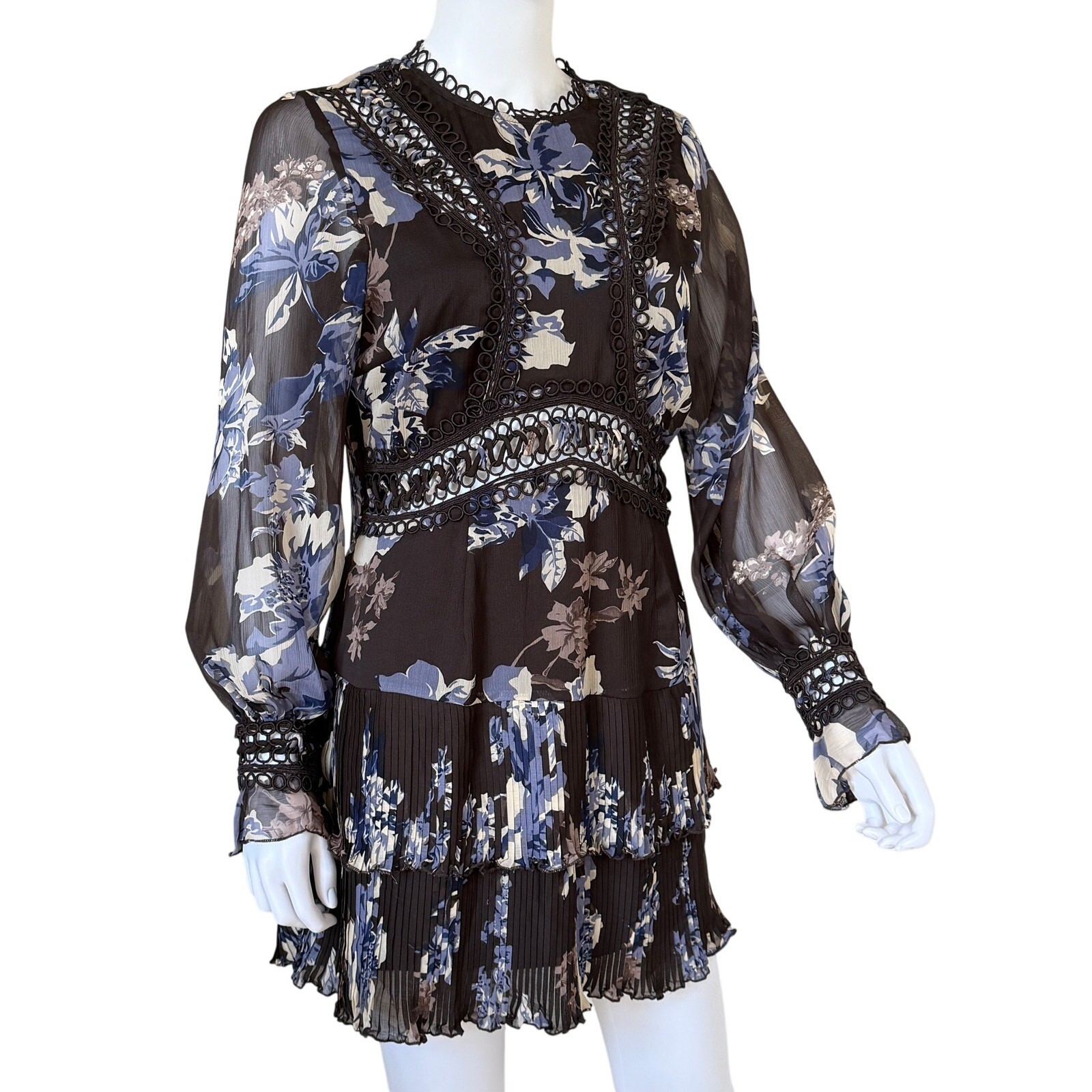 ASOS NWT Floral Chiffon Mini Dress US 10 Blue Brown Lace Trim Pleated Romantic