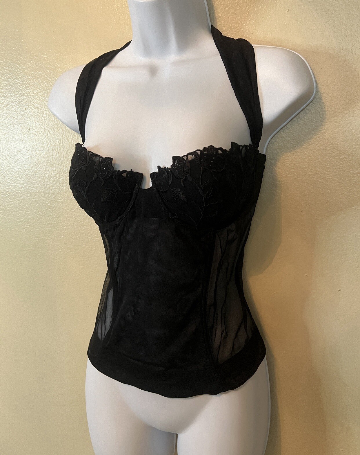 Vintage COSABELLA Italy RareY2K Black Mesh/Lace Bustier Removable Halter Strap M