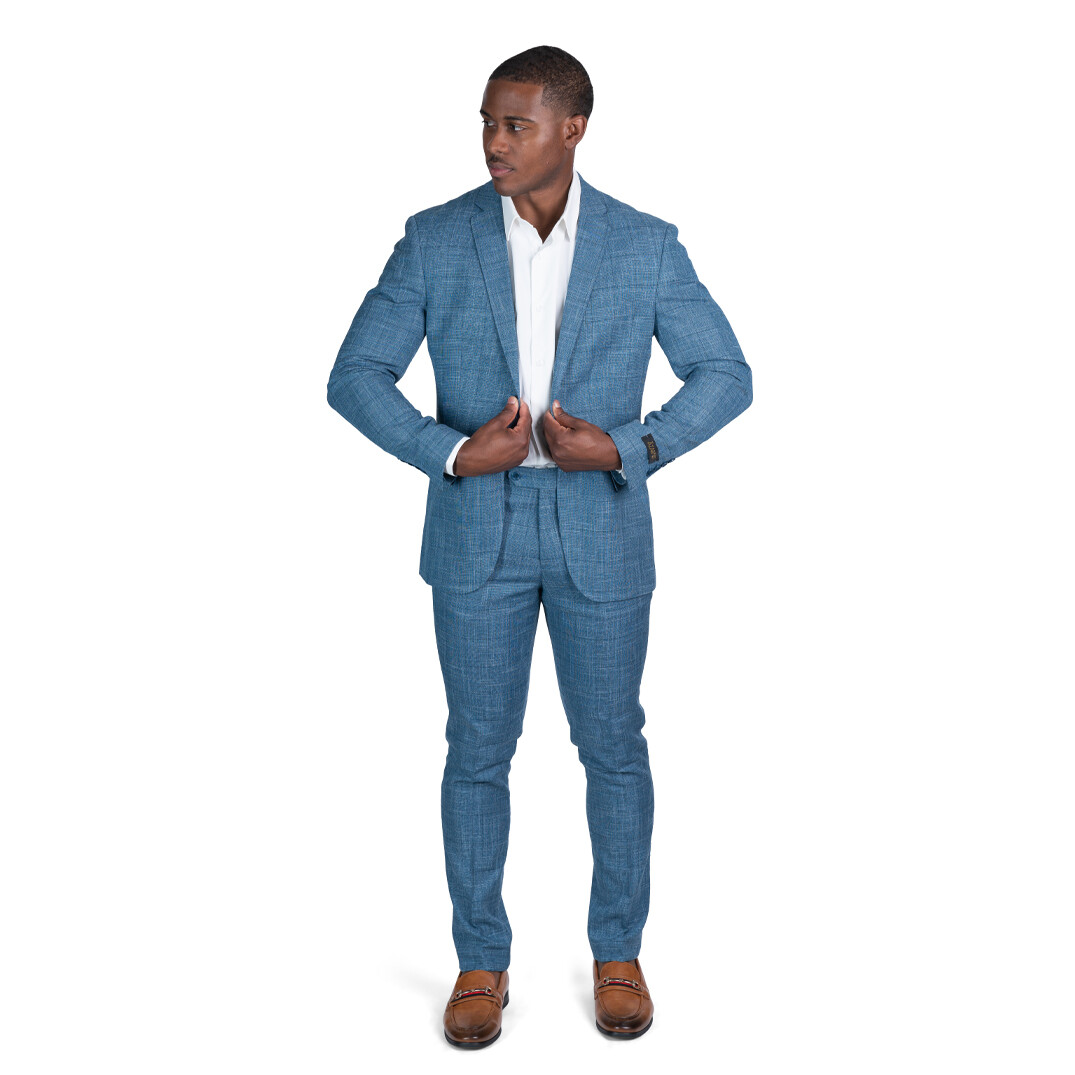 Slim Fit Windowpane Plaid Tweed Men Suits Ocean Blue 2 Button Notch Lapel AZAR