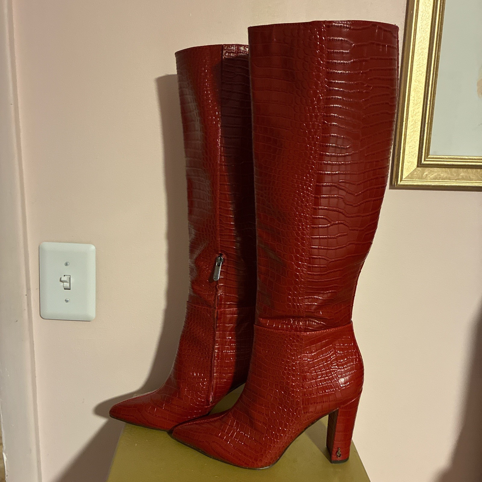 Sam Edelman RARE Raekel Croc-embossed Spiced Red Leather Block Heel Tall Boot 9M