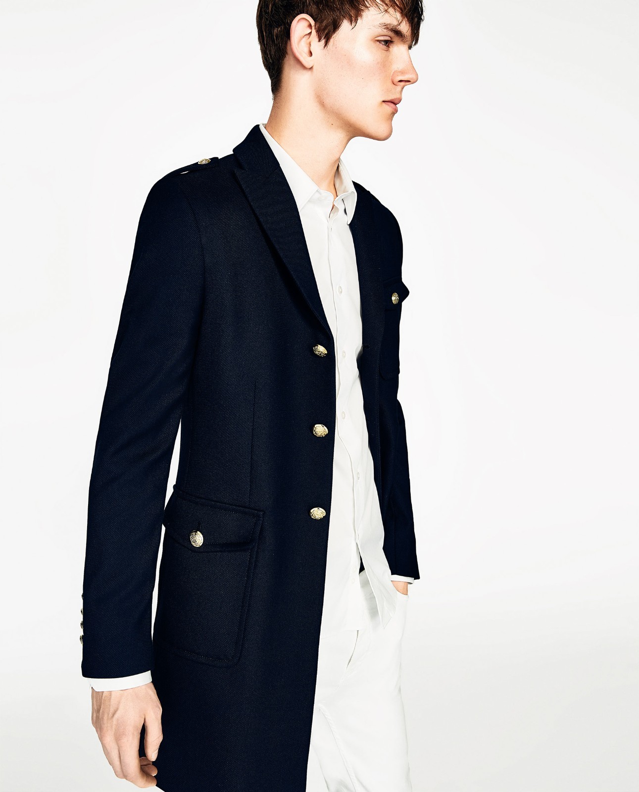 ZARA MAN Men’s Navy Blue Military Coat Gold Buttons NWT 4362/516