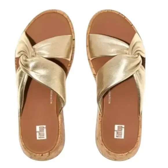 FitFlop F-Mode Twist Platform Gold Leather Slide Sandals US 10 Eu 42