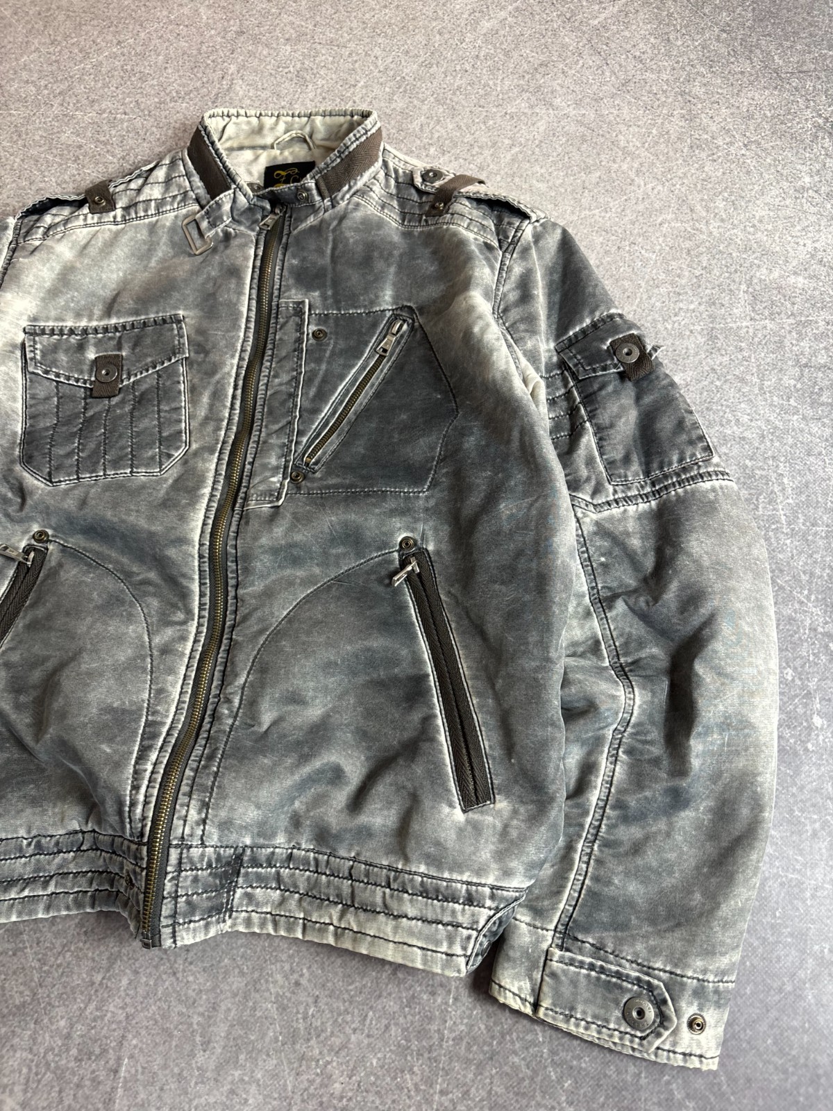 Avant Garde Japanese 2000s Washed Distressed ZIpper Nylon Bomber Jacket Boxy Fit