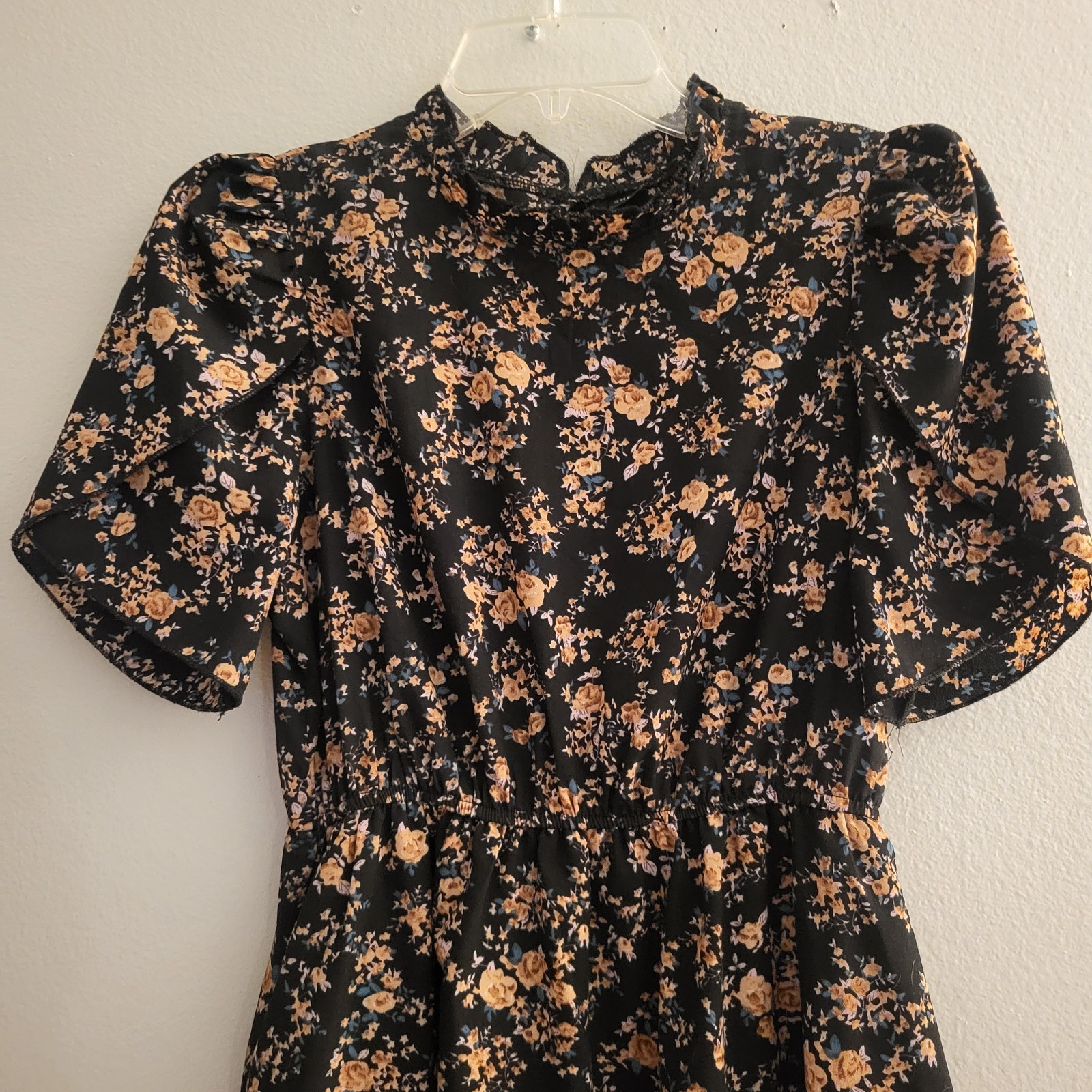 Ditsy black floral Petal Sleeve Layered Midi Dress small Prairie Forest Fairy