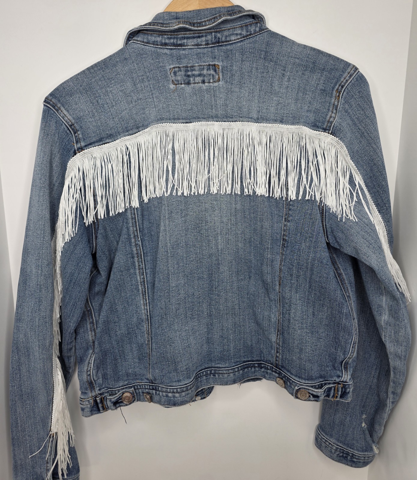 Distressed Fringe Denim Jacket L Y2K Boho Western Statement Cowgirl Vibes Rodeo
