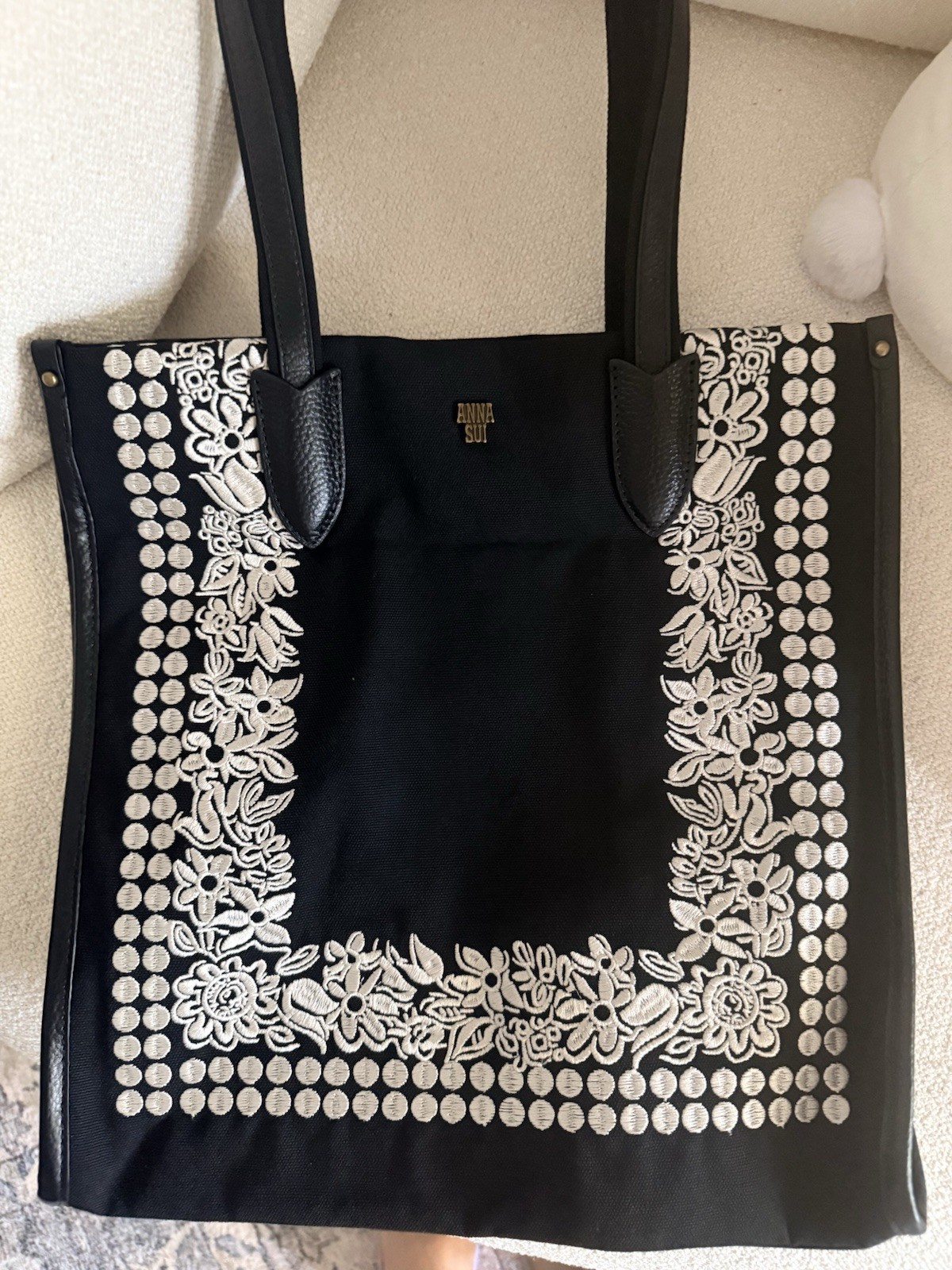 Anna Sui Black & White Floral Embroidered Tote Bag, Double Handles, Women