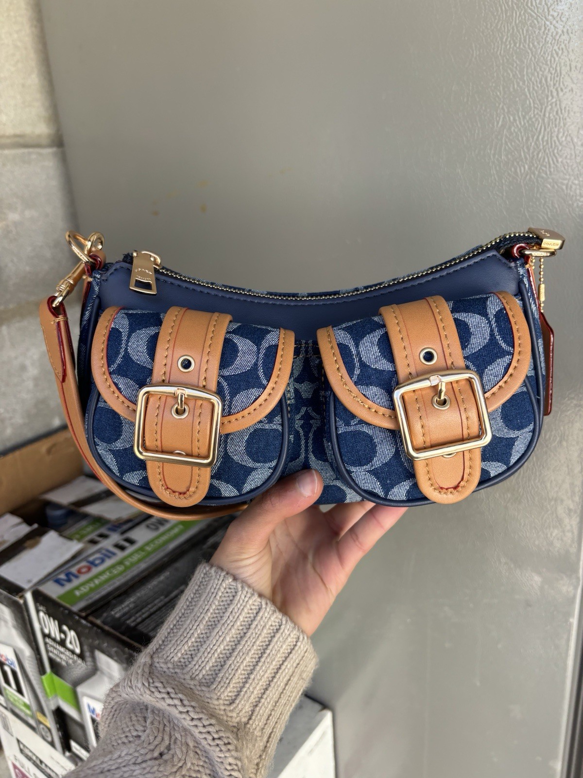 Coach Ashton Denim Blue Signature Crescent Shoulder Bag Zip, Buckle Purseb