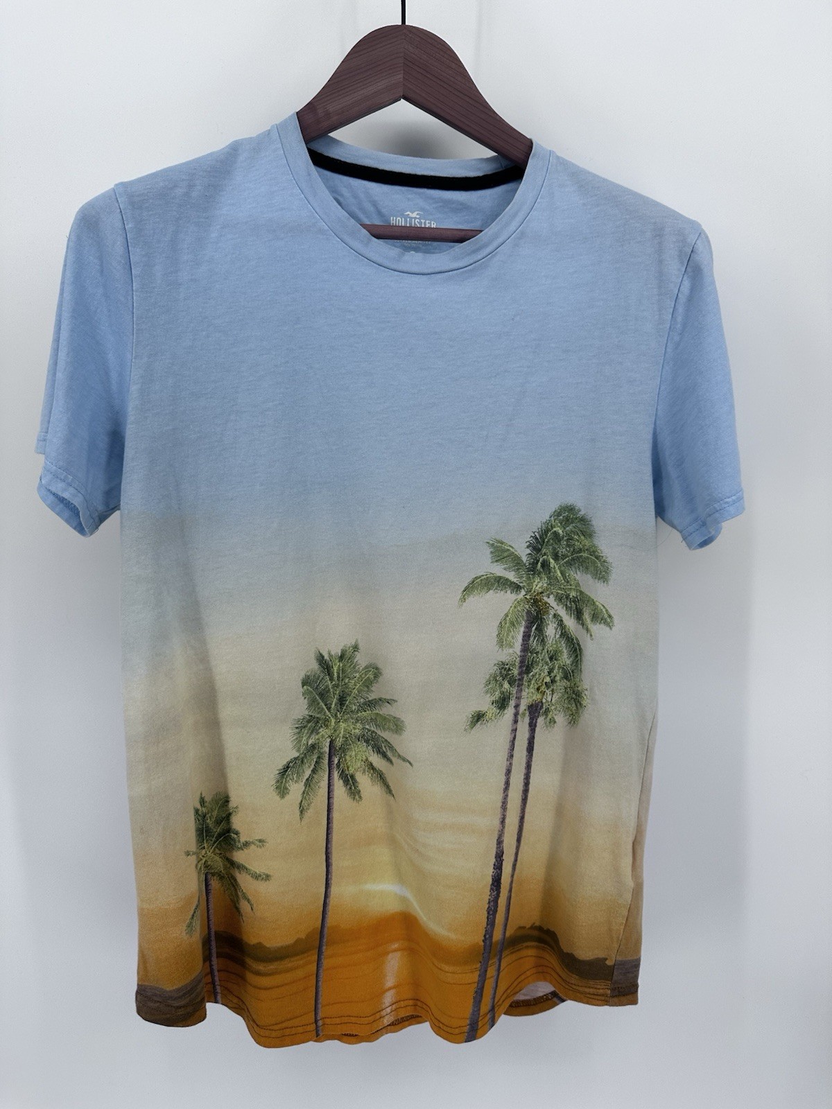 Hollister T-shirt Men’s Size M Beach sunset Palm Tree Shirt Orange/Blue