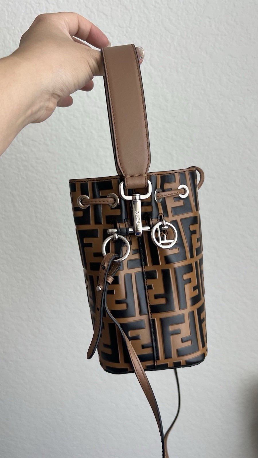 FENDI Mon Tresor Mini Bucket Drawstring Bag Brown/Black FF Logo, Dust Bag