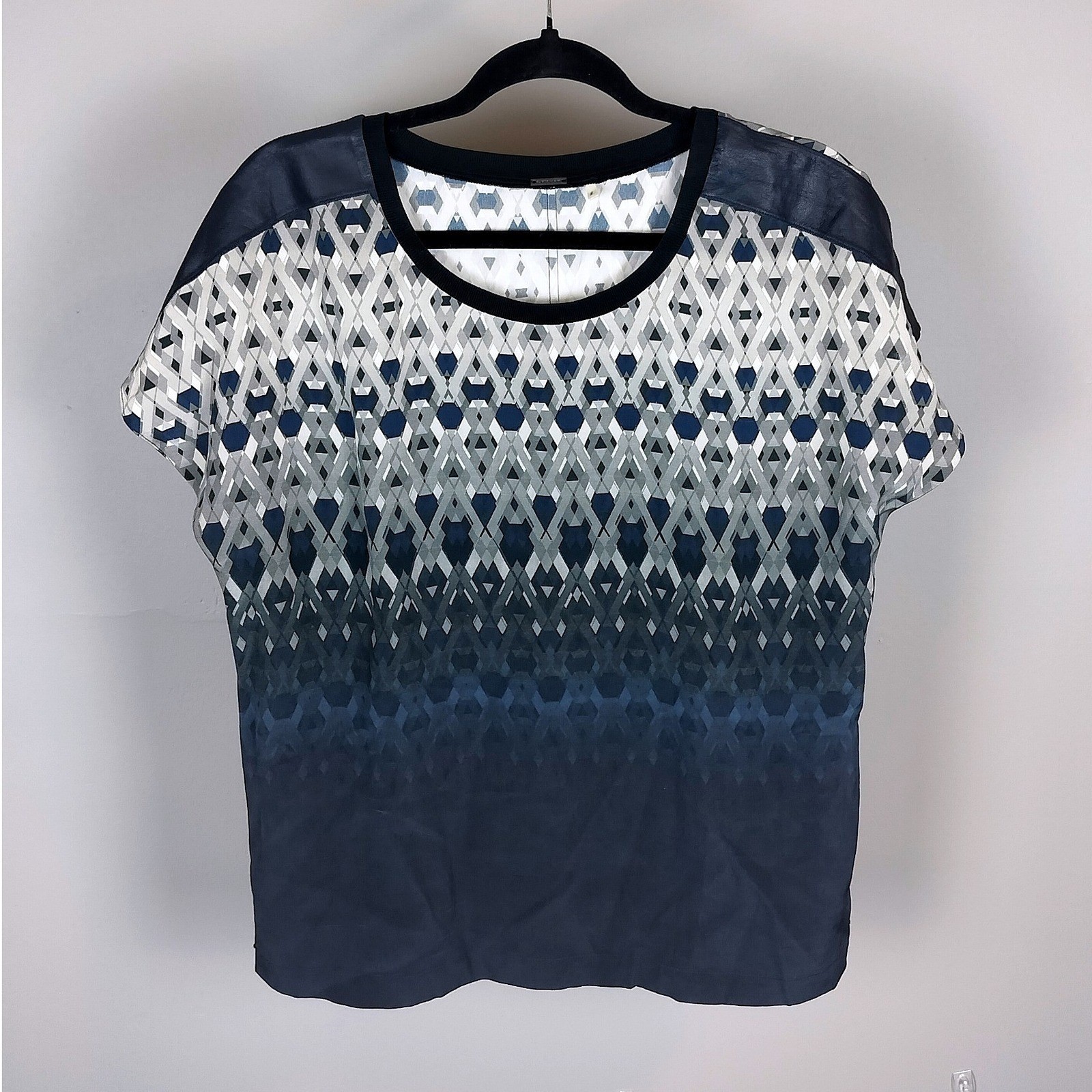 100% Silk Lamb Leather Accents Shoulder Geometric Blouse Navy Blue Elie Tahari