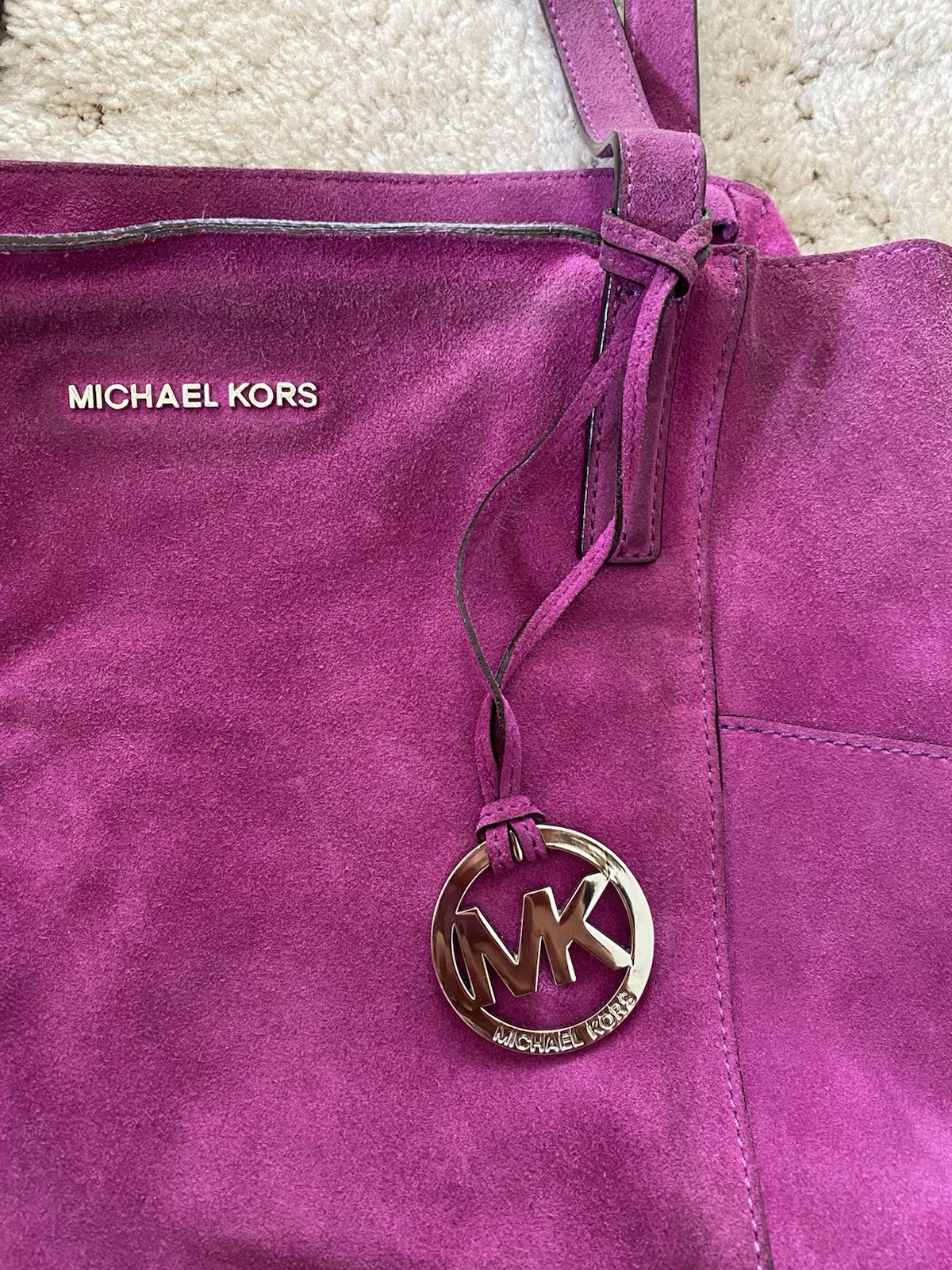 Michael Kors Fuchsia Suede Tote Bag Magnetic Closure Gold Hardware Tassel Charm
