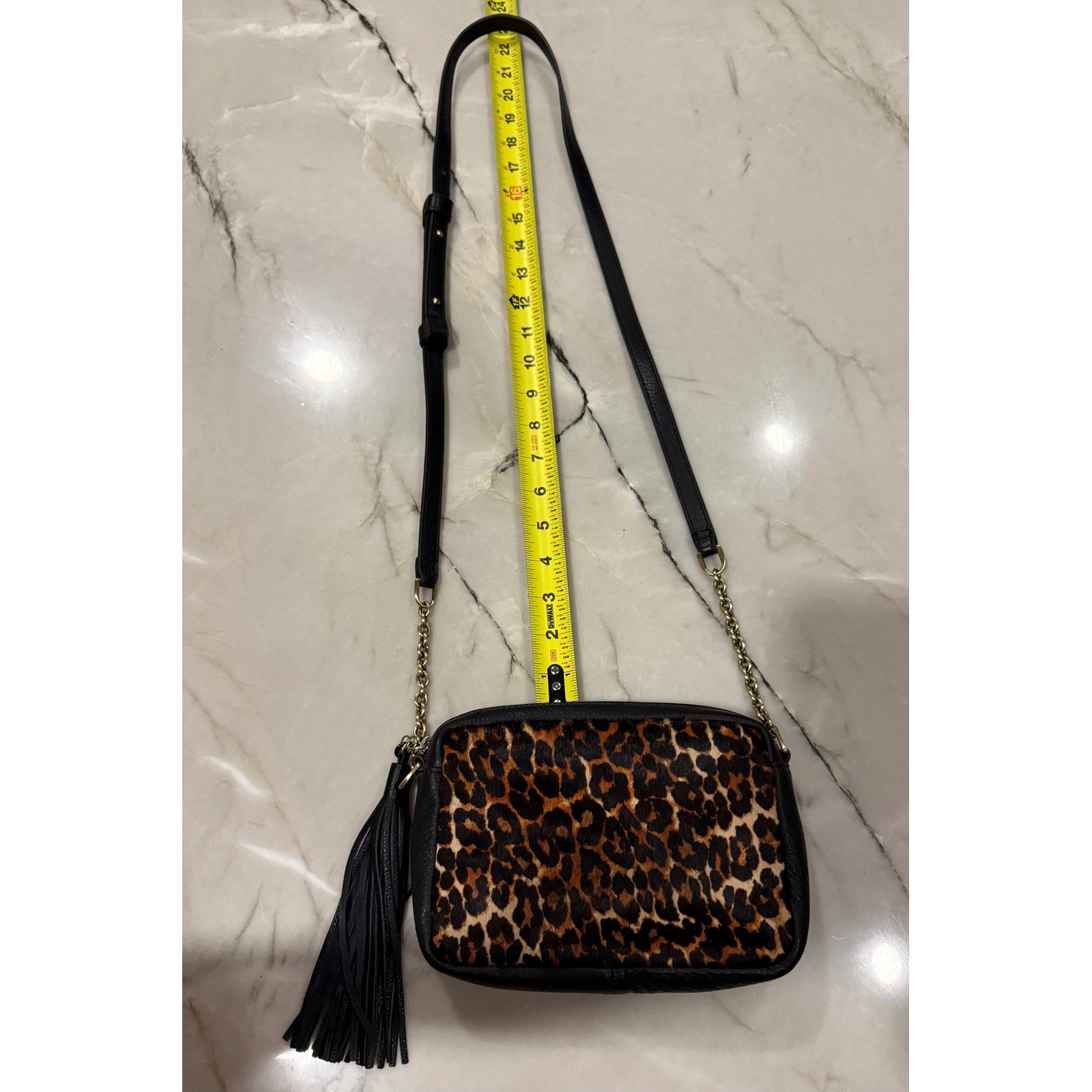 HOBO Black Leather Calf Hair Leopard Print Tassel Crossbody Bag Camera Bag