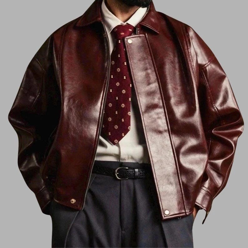 Men’s Vintage Burgundy Genuine Leather Bomber Jacket Retro Aviator Relaxed Coat