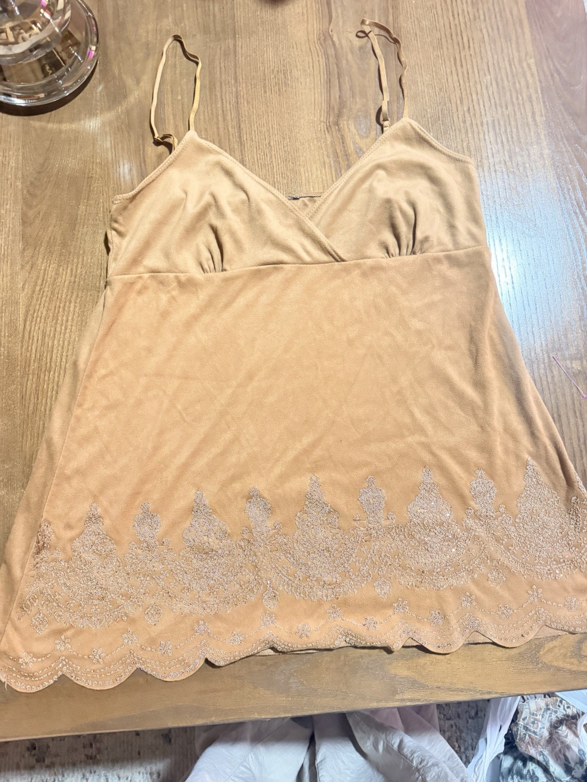 Y2K Glitter Embroidered Scalloped Hem Cami Tank Top Camisole Beige Tan
