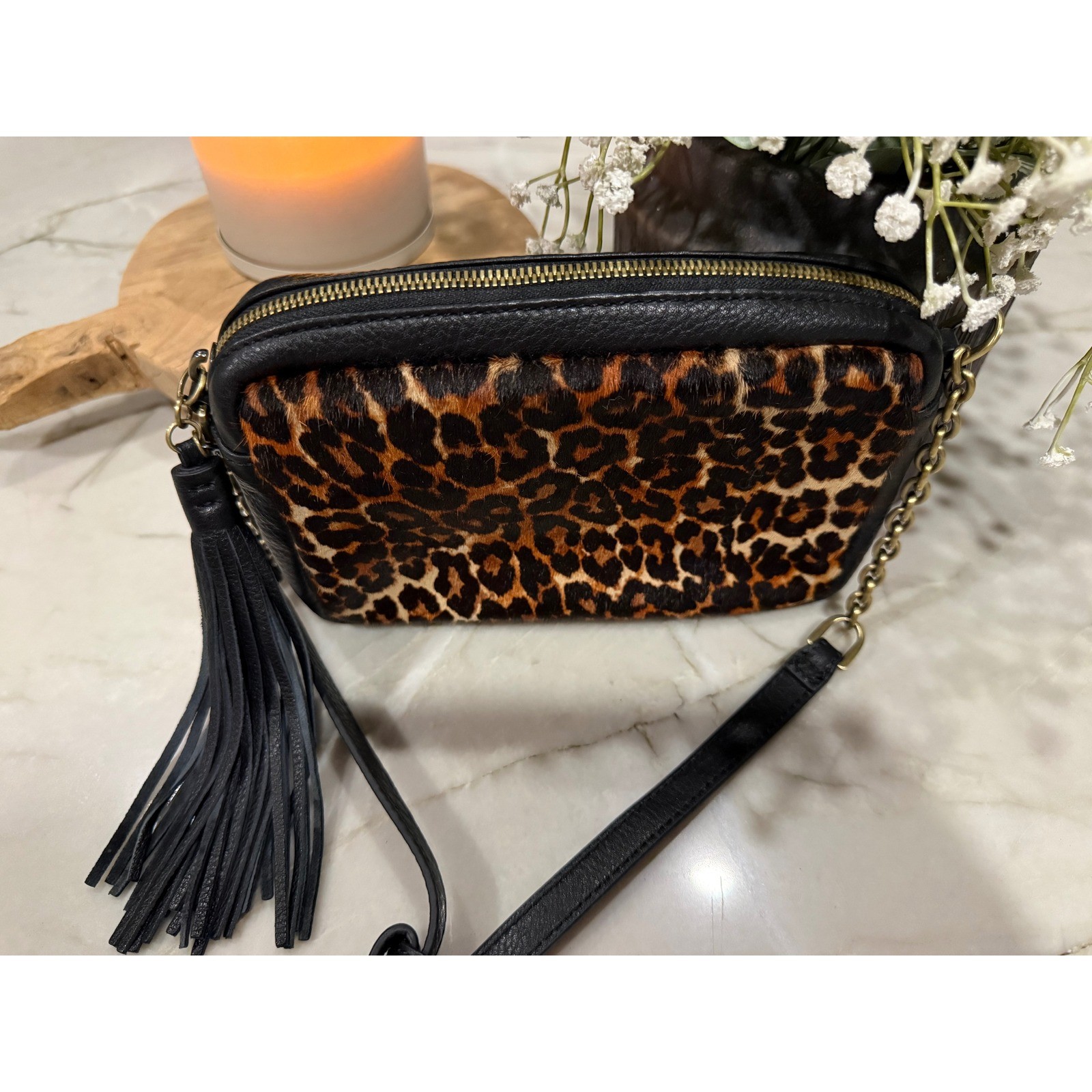 HOBO Black Leather Calf Hair Leopard Print Tassel Crossbody Bag Camera Bag