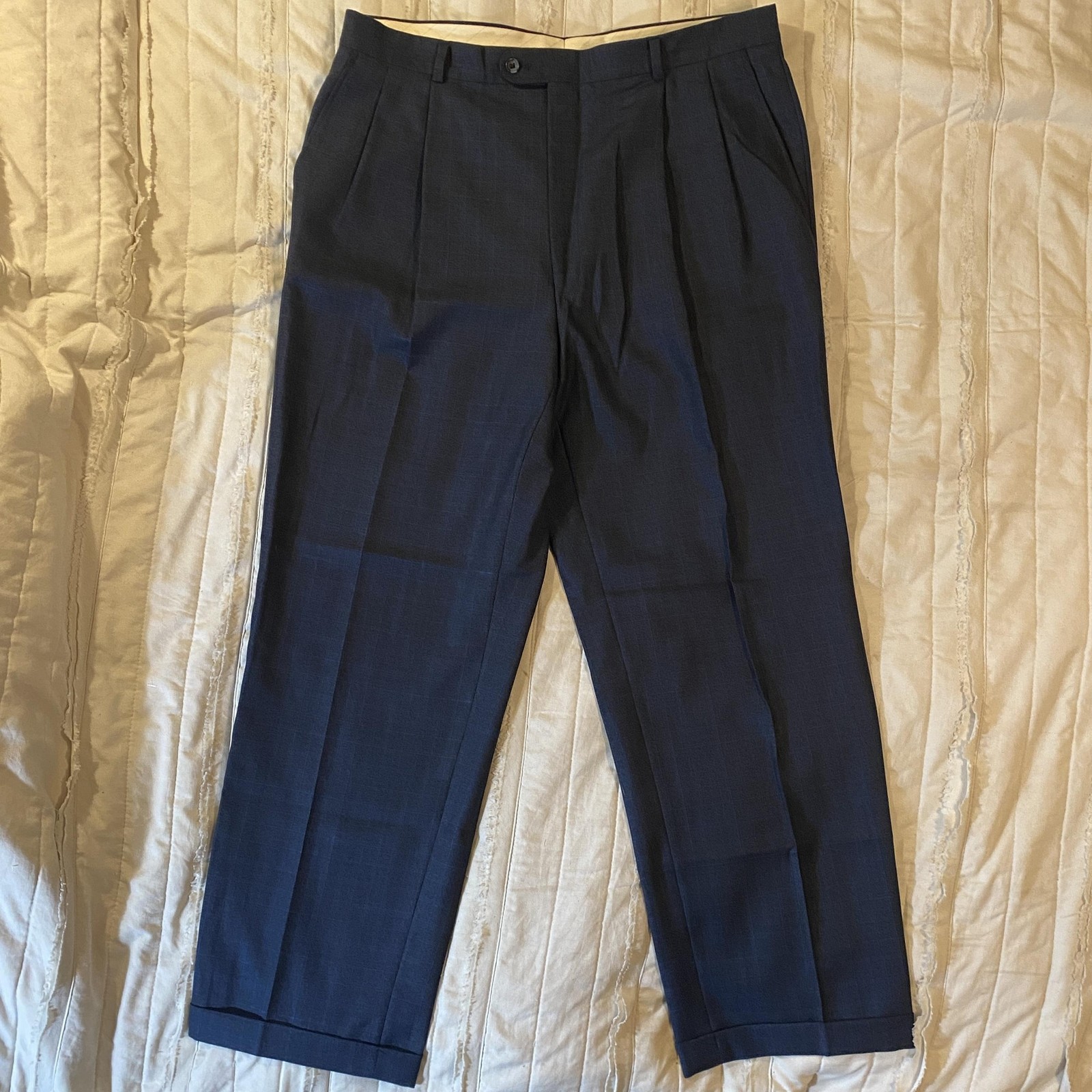Hickey Freeman Suit Mens 42R 36×30 Blue Check Wool 2 Piece Saks Fifth Two Button