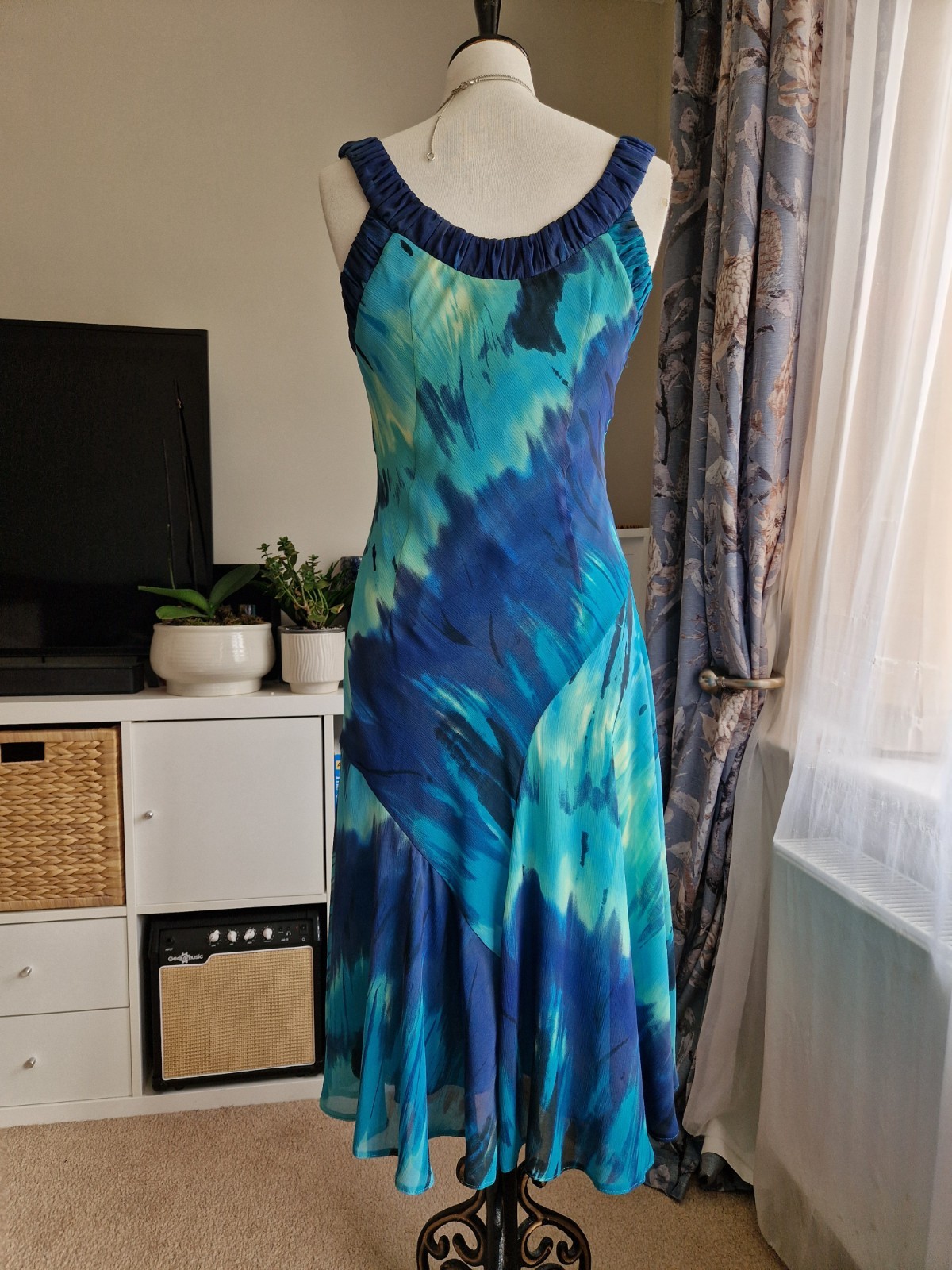 Per Una Blue Aqua Watercolour Midi Dress UK 12 Floaty Fit & Flare Occasion