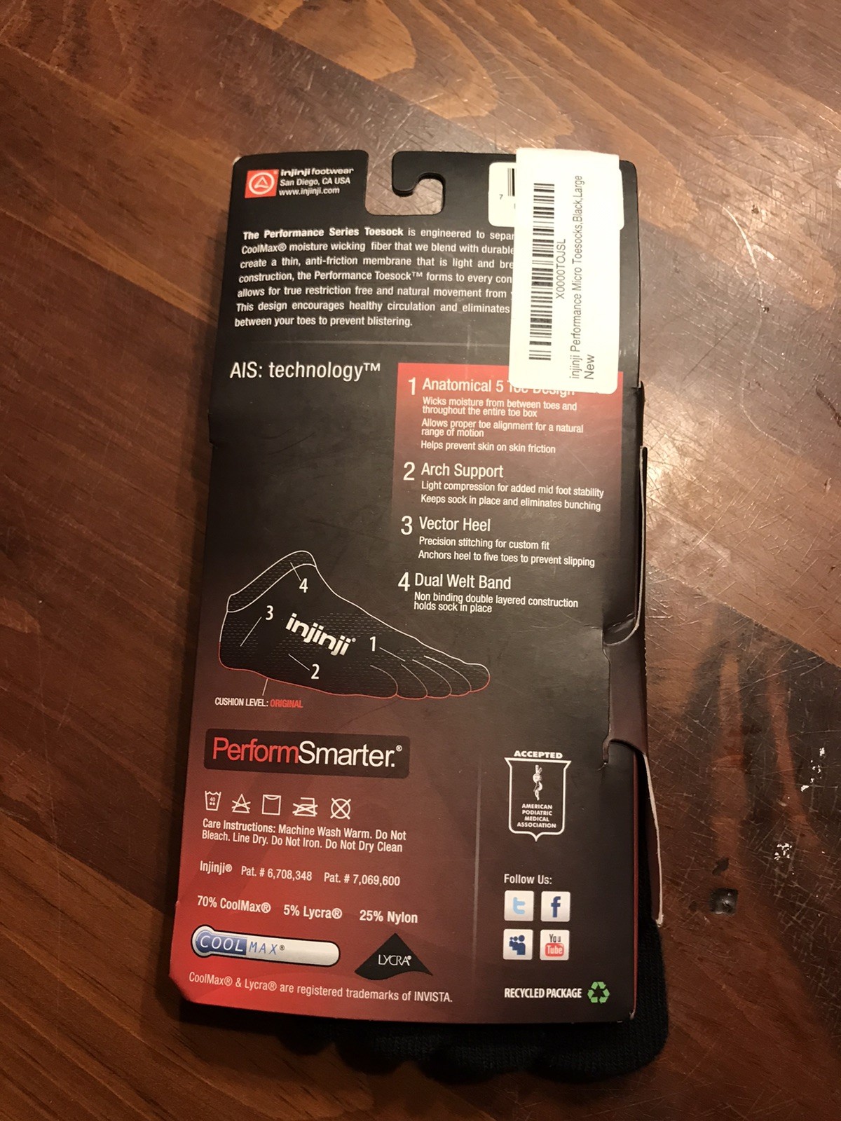 INJINJI Toe Socks Micro Length Large (M 11-13) (W 12+) Black Performance Coolmax