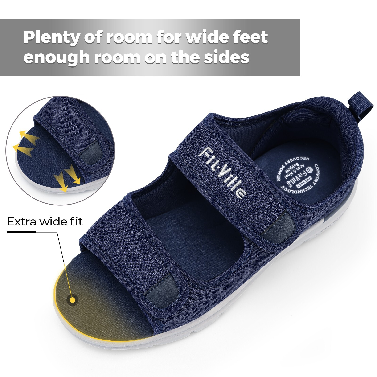 FitVille Men Diabetic Sandals Wide Width Edema Shoes w/ Adjustable Strap Slipper