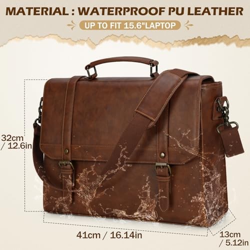 Messenger Bag for Men Vintage Leather Waterproof Laptop 15.6 inch Brown