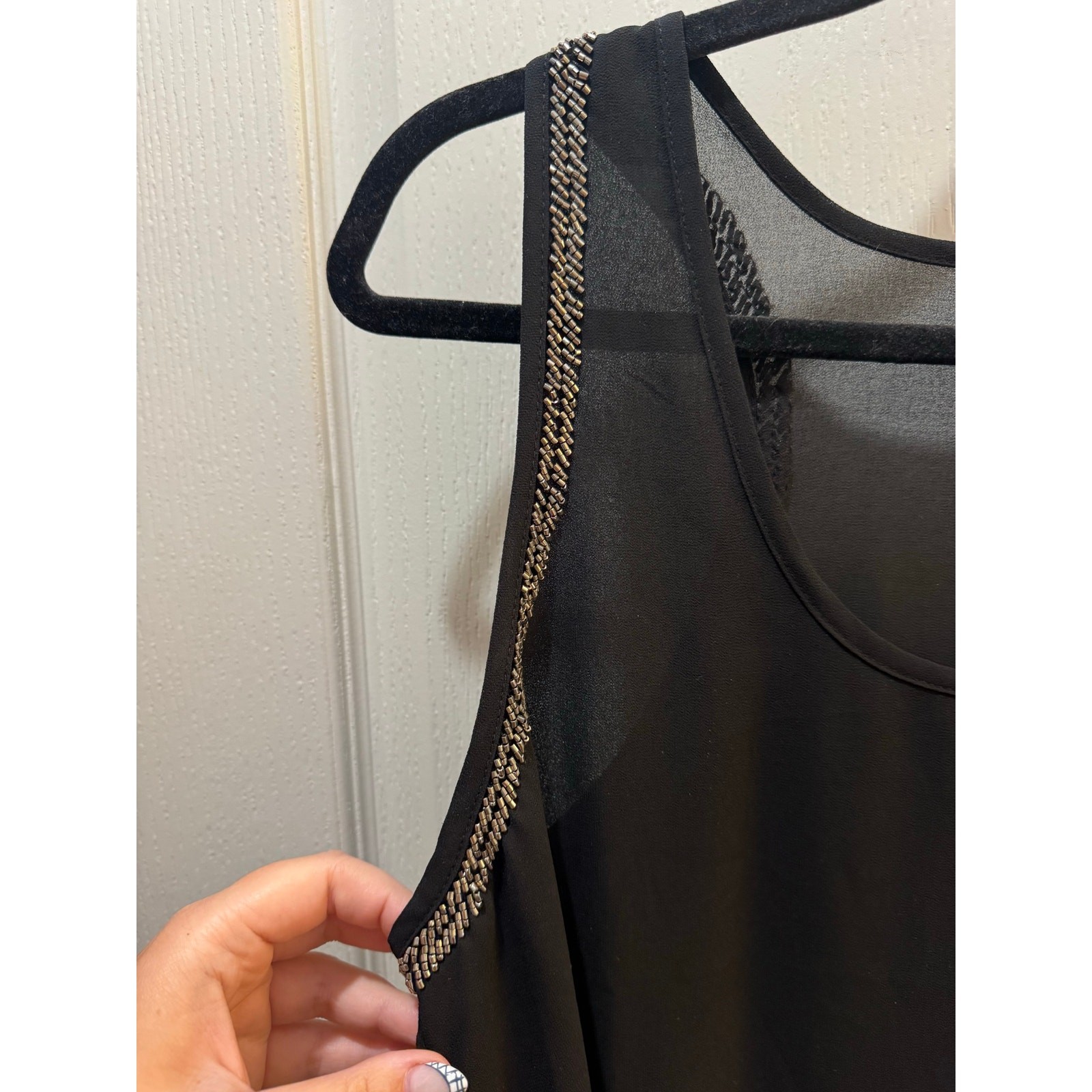 Flawless Black Embellished Shoulder Tank Top Sheer Overlay Size L